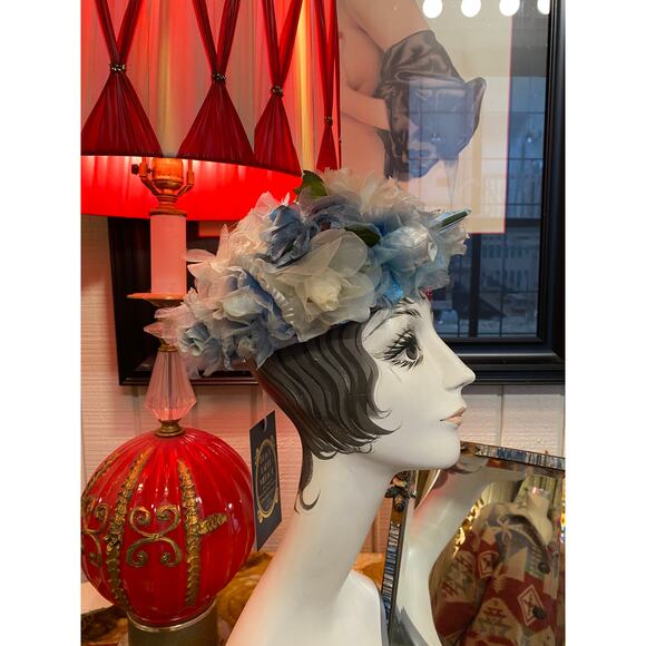 vintage 1950s blue flower hat modern miss 50s fashion easter wedding pillbox - Picture 1 of 8